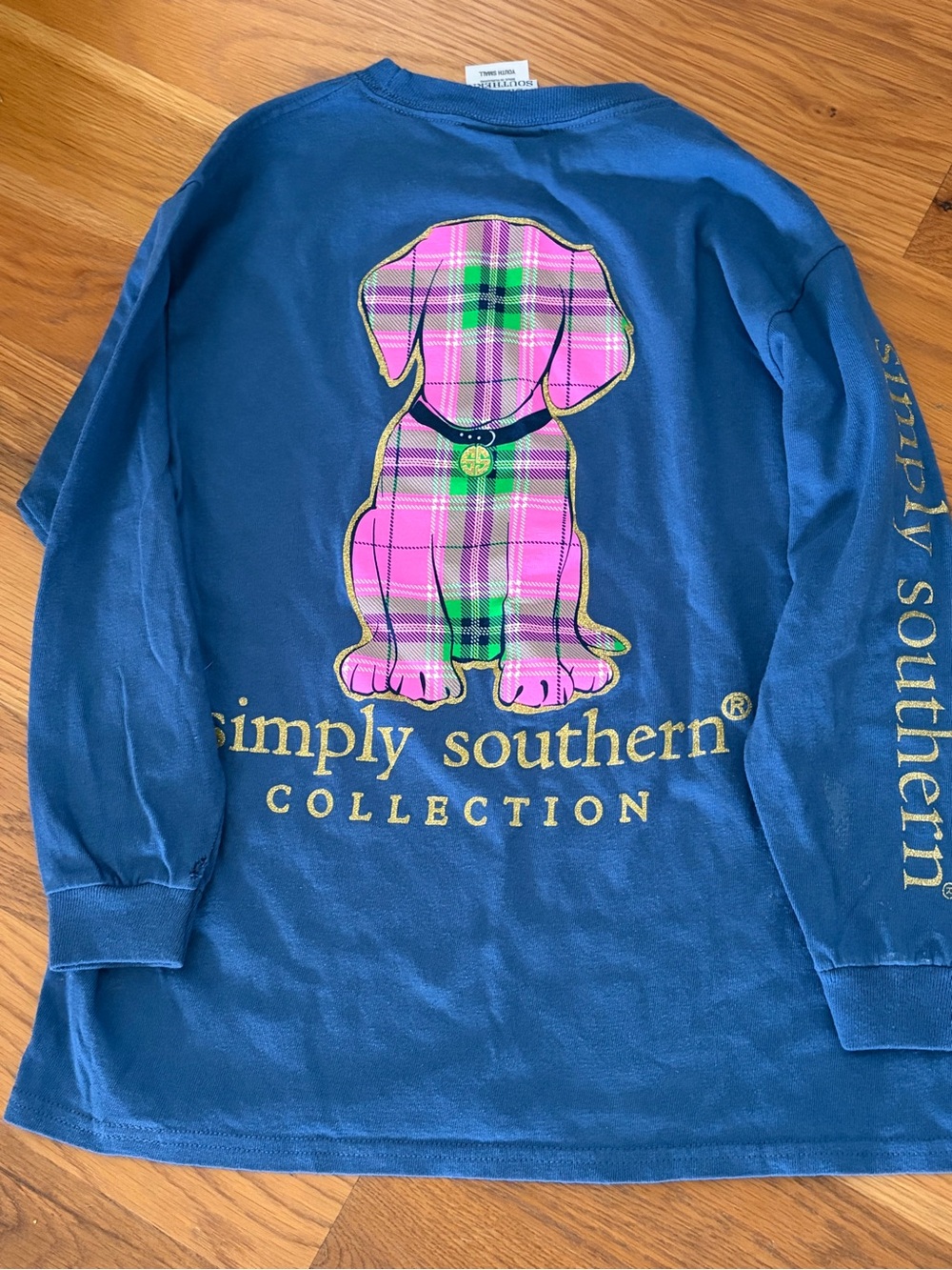 Simply Southern Blue Long Sleeve Tee with Pink Plaid Puppy Graphic